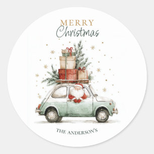 Eleganter Wasserfarben-Weihnachtsmann-Auto-Schnee Runder Aufkleber