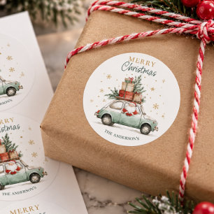 Eleganter Wasserfarben-Weihnachtsmann-Auto-Schnee Runder Aufkleber