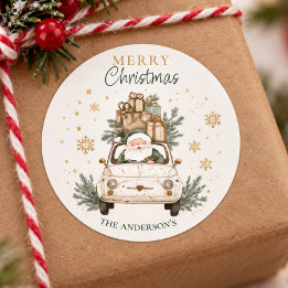 Eleganter Wasserfarben-Weihnachtsmann-Auto-Schnee Runder Aufkleber