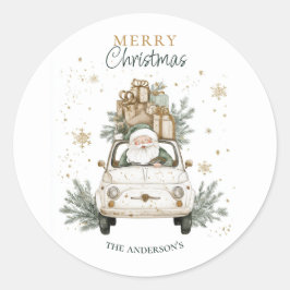 Eleganter Wasserfarben-Weihnachtsmann-Auto-Schnee  Runder Aufkleber