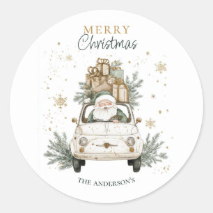 Eleganter Wasserfarben-Weihnachtsmann-Auto-Schnee Runder Aufkleber
