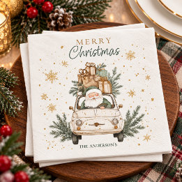 Eleganter Wasserfarben-Weihnachtsmann-Auto-Schnee- Serviette