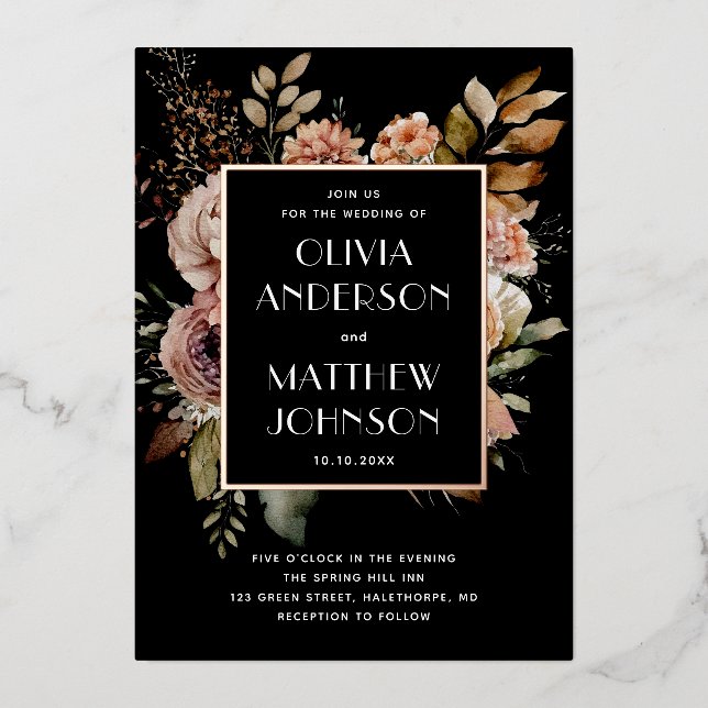 Eleganter Wasserfarbenfall Blütengold Schwarze Hoc Folieneinladung (Vorderseite)