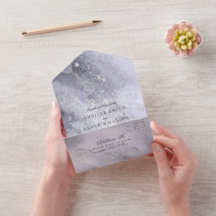 Eleganter Watercolor Blue Silver Glitzer All In One Einladung