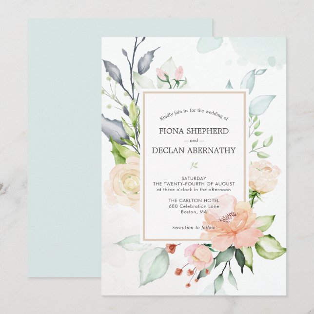 Eleganter Watercolor Blush Pink Floral Wedding Inv Einladung (Vorne/Hinten)