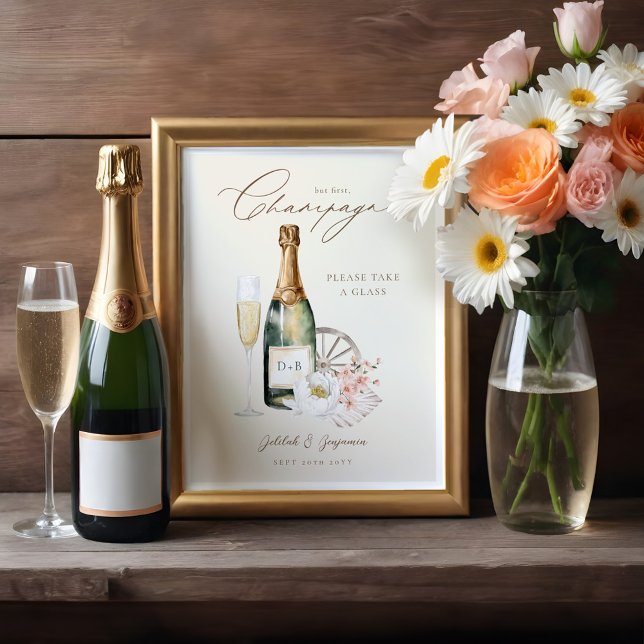 Eleganter Watercolor Champagne Western Hochzeit Poster (Elegant Watercolor Champagne Western Wedding Poster)