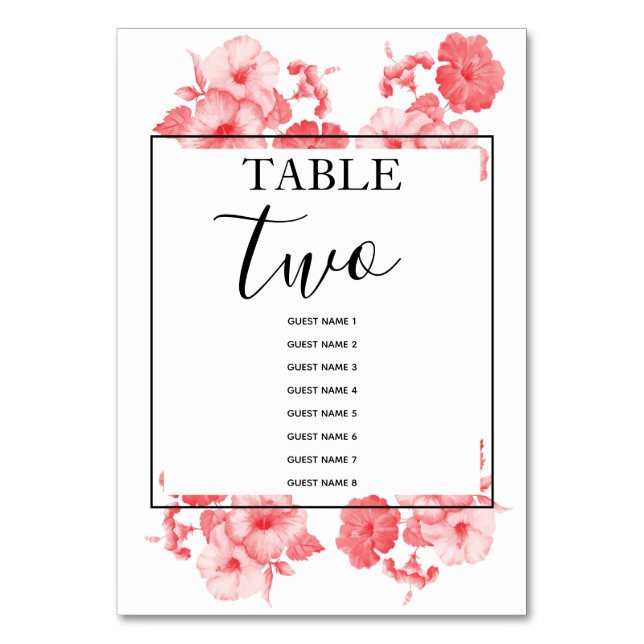 Eleganter Watercolor Hibisken Hochzeitshauptgastna Tischnummer (Vorderseite)