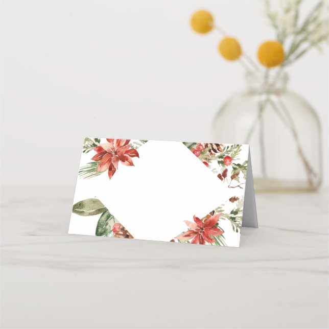 Eleganter Watercolor Red Poinsettia Hochzeitstisch Platzkarte (Vorderseite)