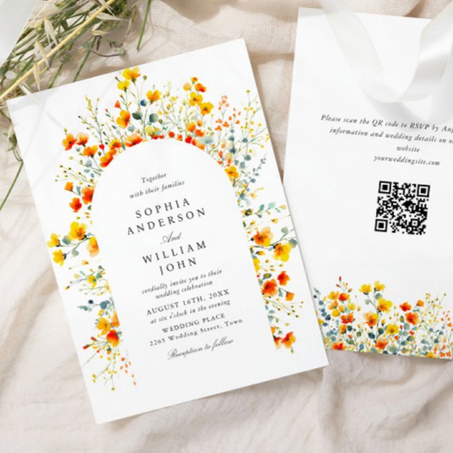 Eleganter Watercolor Wild Blume Hochzeit QR-Code Einladung (Von Creator hochgeladen)
