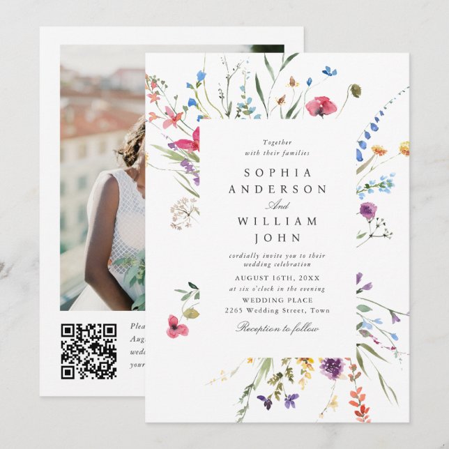 Eleganter Watercolor Wild Blume Hochzeit QR-Code Einladung (Vorne/Hinten)