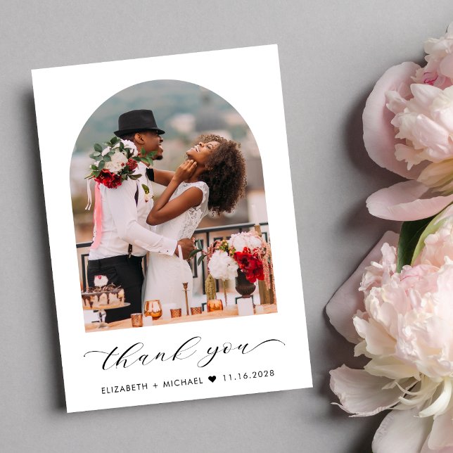 Eleganter Wedding Foto Arch Dankeskarte (Celebrate your love story with a thank you card showcasing your photo in an elegant arch frame)