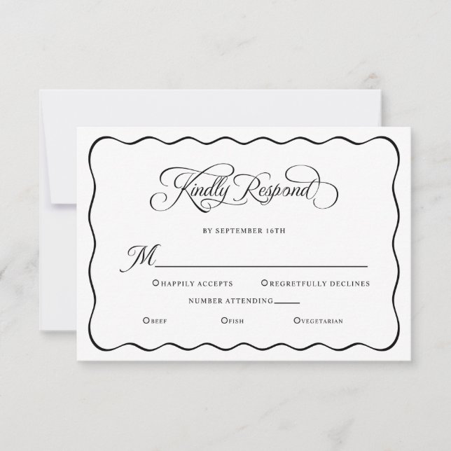 Eleganter Wedding Kindly Respond Wavy Frame Black RSVP Karte (Vorderseite)