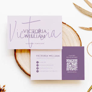 Eleganter, weicher Lavendel-Schrift-QR-Code Visitenkarte