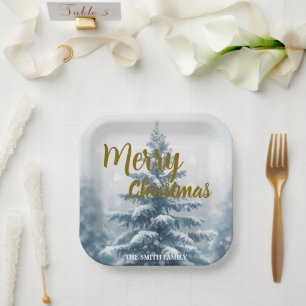 Eleganter Weihnachten Xmas Winter Kiefernwald Pappteller