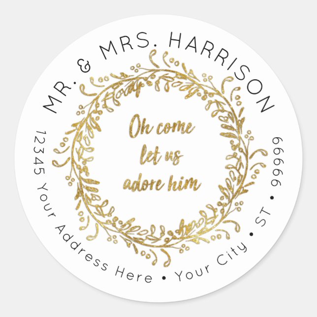 Eleganter Weihnachts-Gold-Glitzer Leaf Foliage Wre Runder Aufkleber (Vorderseite)