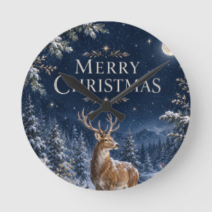 Eleganter Weihnachts Hirsch, Vintage-Waldgravur Runde Wanduhr