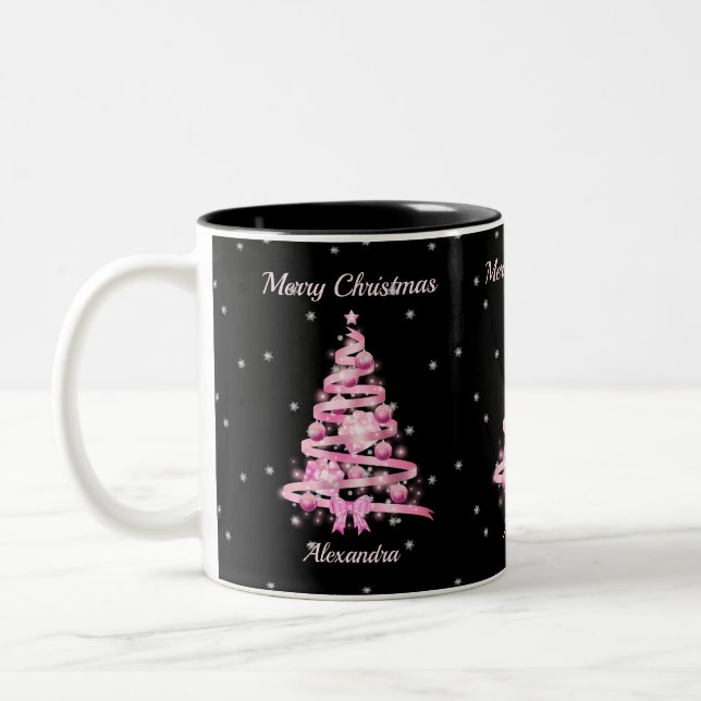 Eleganter Weihnachts-Rosa Tree Individuelle Name B Zweifarbige Tasse (Links)