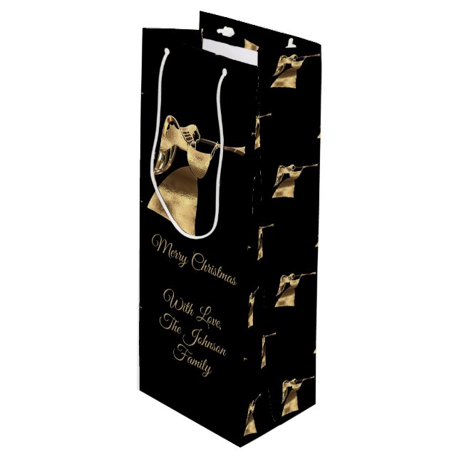 Eleganter Weihnachts Trumpet Angel Black Gold Look Geschenktüte Für Weinflaschen (Vorderseite Schrägansicht)