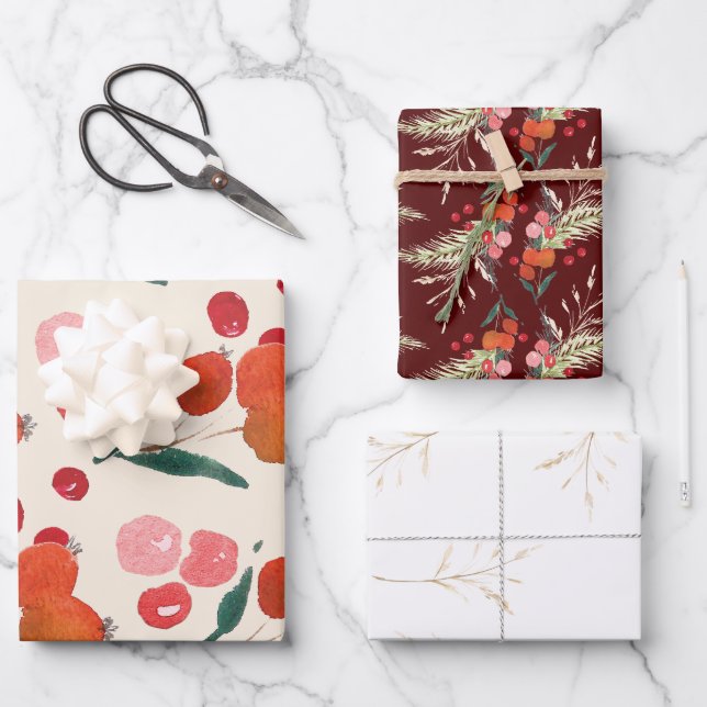 Eleganter Weihnachts-Urlaub in Florals Geschenkpapier Set (Vorderseite)