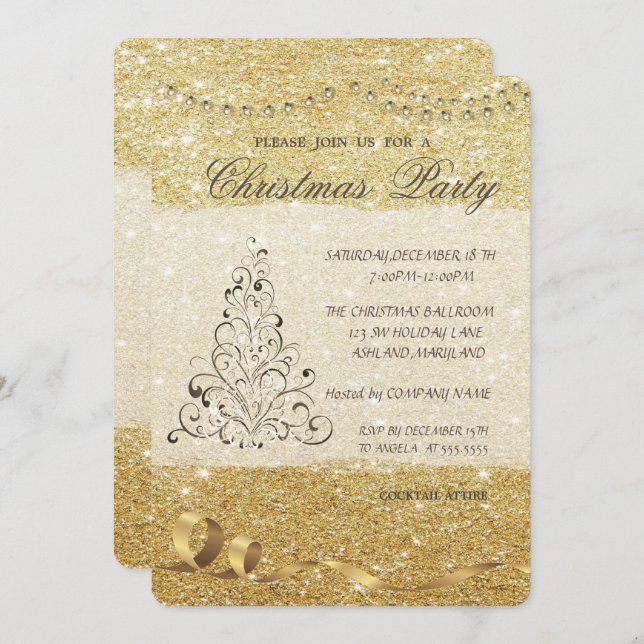 Eleganter Weihnachtsbaum, Glitterie, Weihnachts-Pa Einladung (Vorne/Hinten)