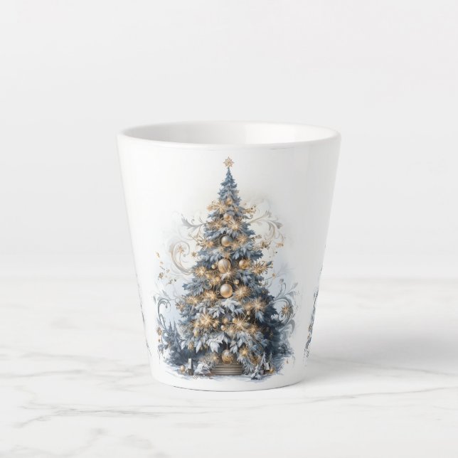Eleganter Weihnachtsbaum Gold Ornamente Schnee Milchtasse (Vorderseite)