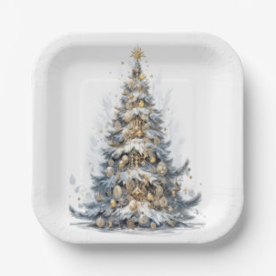 Eleganter Weihnachtsbaum Gold Ornamente Schnee Pappteller