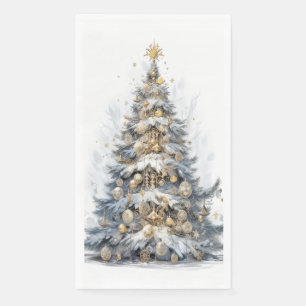 Eleganter Weihnachtsbaum Gold Ornamente Schnee Serviette