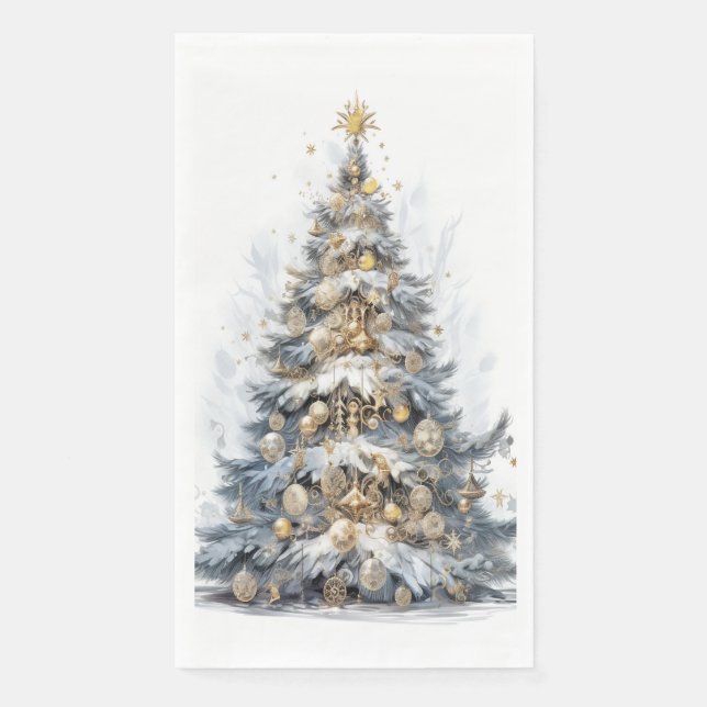 Eleganter Weihnachtsbaum Gold Ornamente Schnee Serviette (Vorderseite)