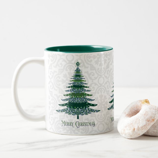 Eleganter Weihnachtsbaum Green White Zweifarbige Tasse (Mit Donut)