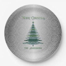 Eleganter Weihnachtsbaum Grün Silbername Ornamente Pappteller