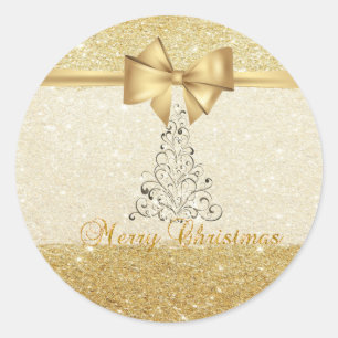 Eleganter Weihnachtsbaum, Imitate Gold Bow, Glitte Runder Aufkleber