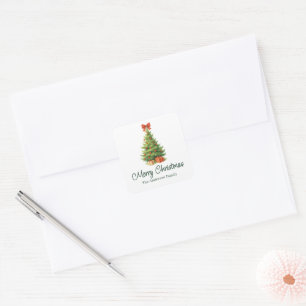Eleganter Weihnachtsbaum mit Red Bow & Presents - Quadratischer Aufkleber