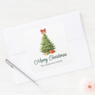 Eleganter Weihnachtsbaum mit Red Bow & Presents - Quadratischer Aufkleber