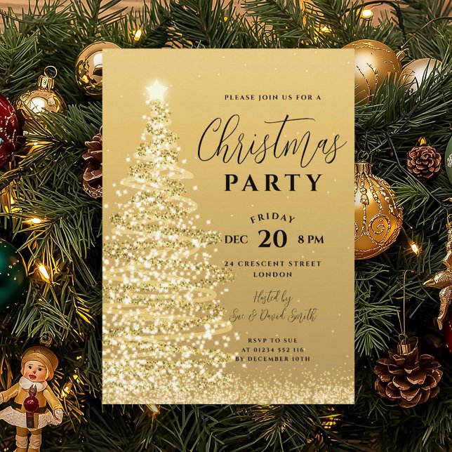 Eleganter Weihnachtsbaum Party Goldener Feiertag Einladung (Elegant Christmas Tree Party Gold Holiday Invitation)
