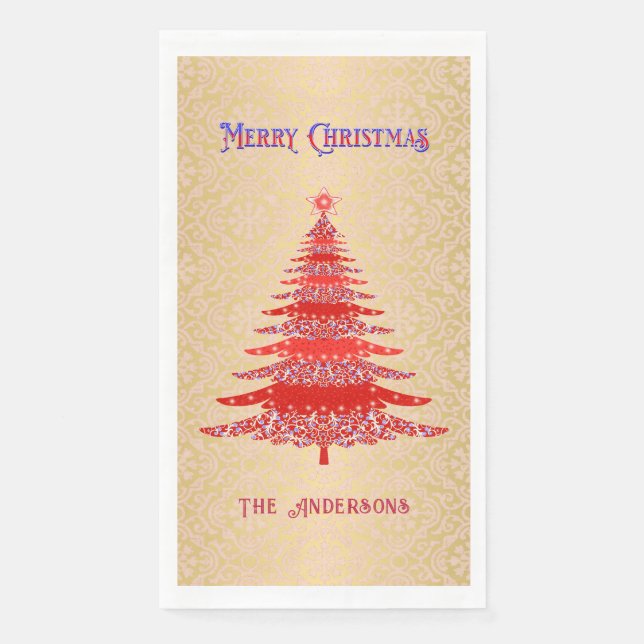 Eleganter Weihnachtsbaum Roter Gold Name Ornamente Serviette (Vorderseite)
