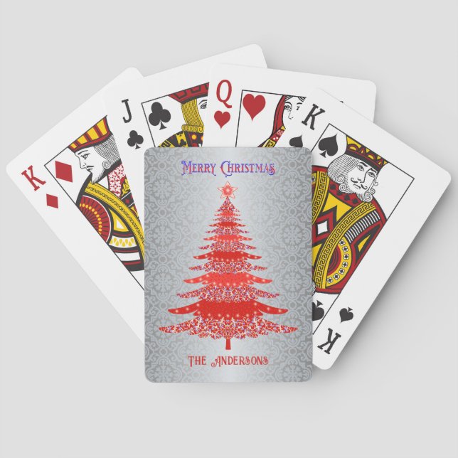 Eleganter Weihnachtsbaum Roter Silberner Name Orna Spielkarten (Rückseite)