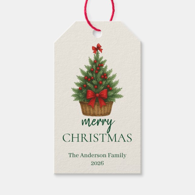 Eleganter Weihnachtsbaum – Rotes Band  Geschenkanhänger (Vorderseite)