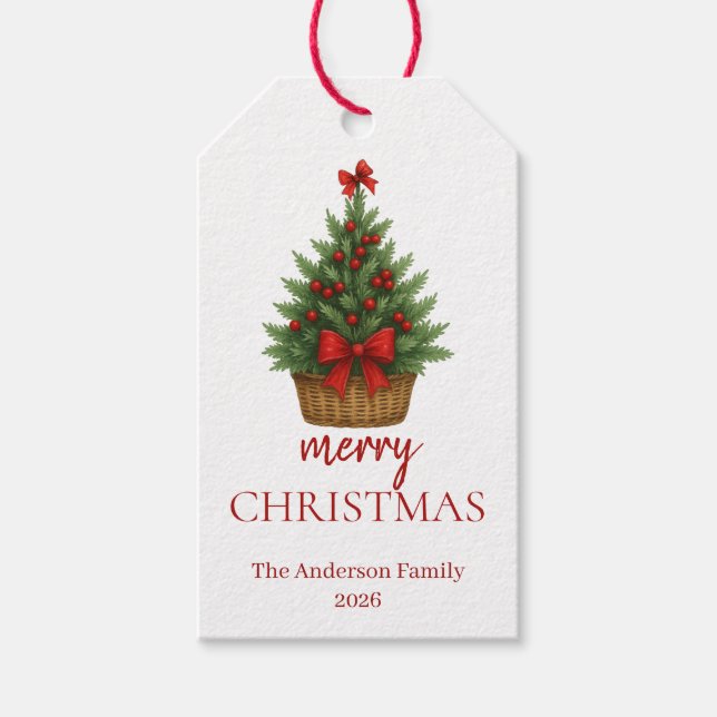 Eleganter Weihnachtsbaum – Rotes Band Geschenkanhänger (Vorderseite)