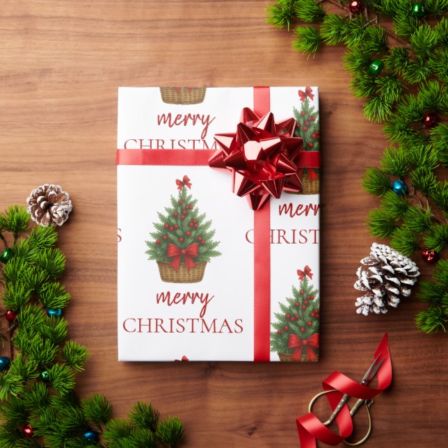 Eleganter Weihnachtsbaum – Rotes Band  Geschenkpapier (Feiertagsgeschenk)