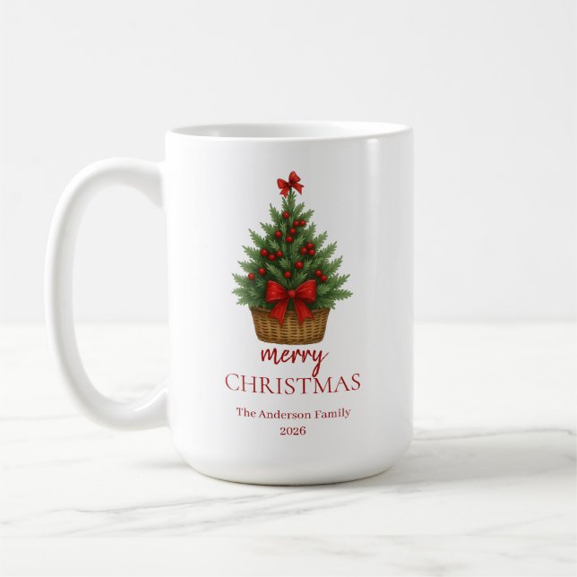 Eleganter Weihnachtsbaum – Rotes Band  Kaffeetasse (Links)