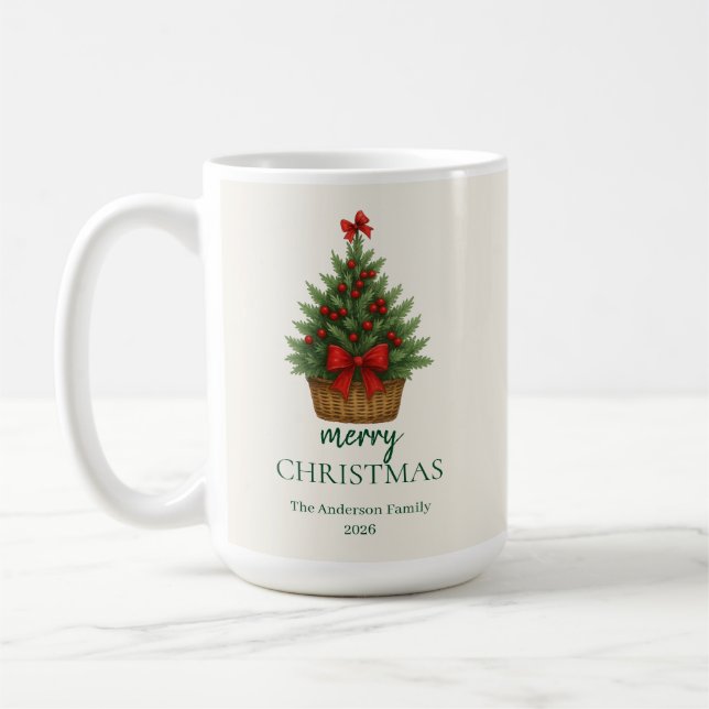 Eleganter Weihnachtsbaum – Rotes Band  Kaffeetasse (Links)