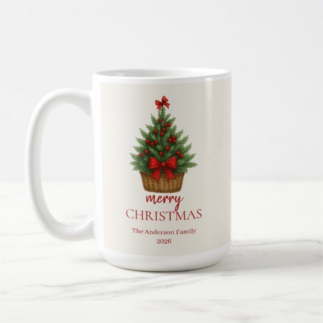 Eleganter Weihnachtsbaum – Rotes Band  Kaffeetasse (Links)
