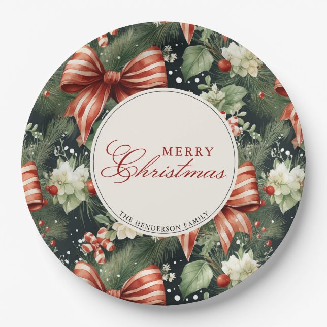 Eleganter Weihnachtscheer Candy Cane Bows Custom Pappteller (Vorderseite)
