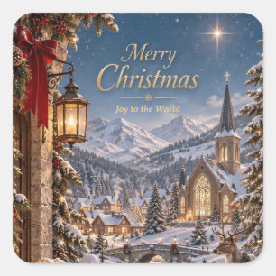 Eleganter Weihnachtsgruß Alpendorf Winter Quadratischer Aufkleber