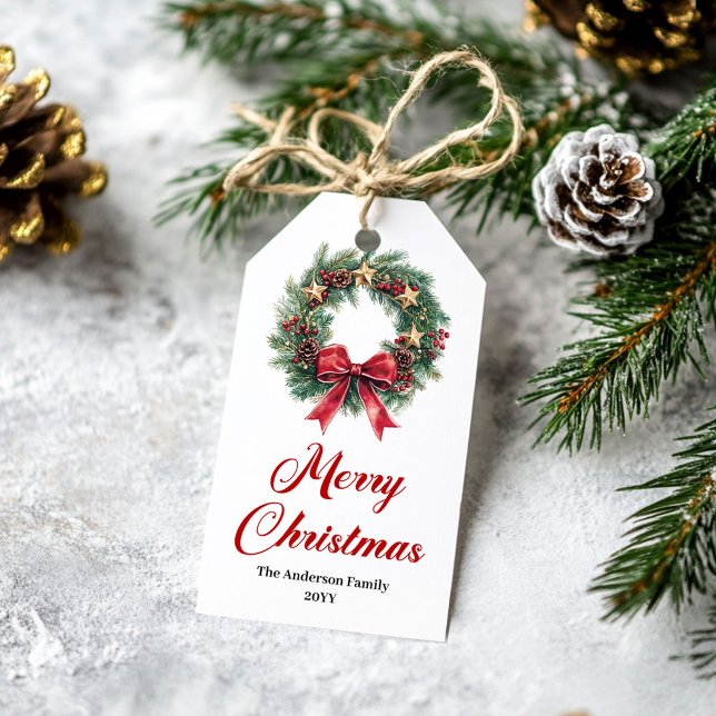 Eleganter Weihnachtskranz editierbarer Feiertagsan Geschenkanhänger (Elegant Christmas Wreath Editable Holiday Tag)