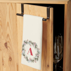 Eleganter Weihnachtskranz mit individuellem Monogr Geschirrtuch