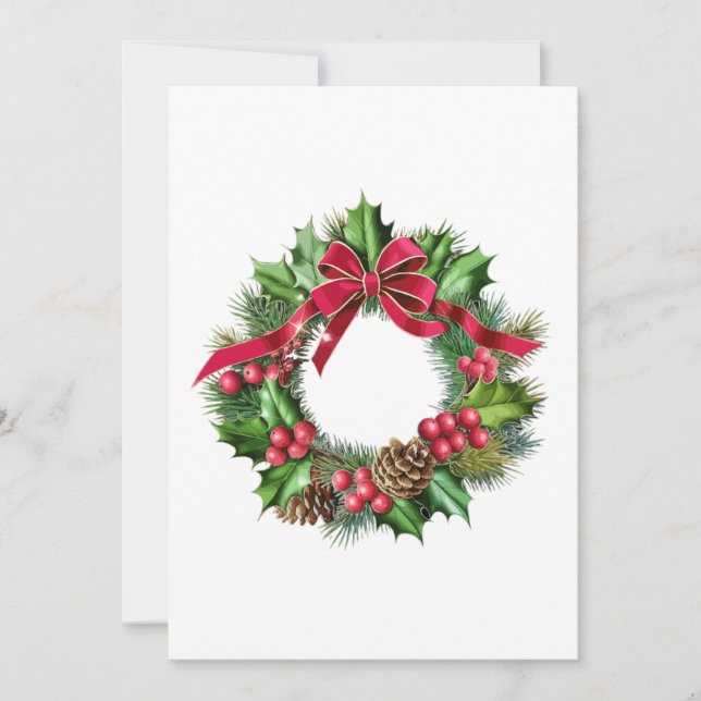 Eleganter Weihnachtskranz mit Red Bow, Holly & But Einladung (Vorderseite)
