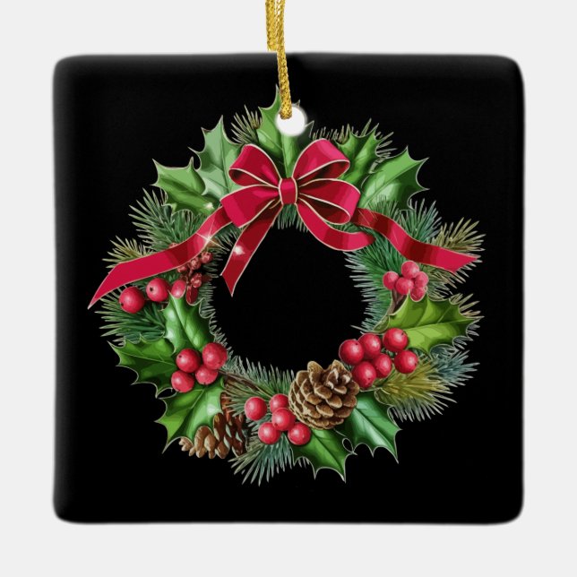 Eleganter Weihnachtskranz mit Red Bow, Holly & But Keramikornament (Vorderseite)