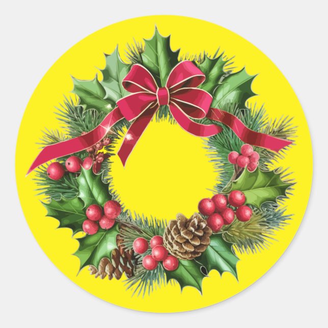Eleganter Weihnachtskranz mit Red Bow, Holly & But Runder Aufkleber (Vorderseite)