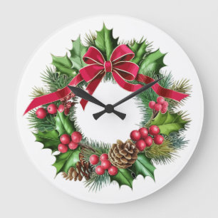 Eleganter Weihnachtskranz mit roter Schleife, Stec Große Wanduhr